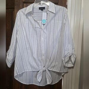 Light Blue Striped Tie-Front Button-Down Shirt by Twenty Eight Twelve